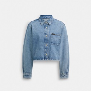 Coach Cropped Denim Button Down 青 | COH865988