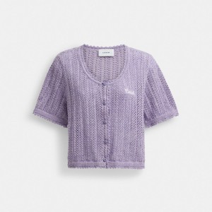 Coach Cropped Knit Button Up Top 紫 | COH866007