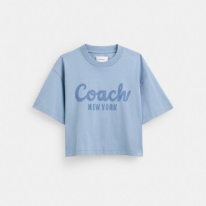 Coach Cursive Signature Cropped T Shirt 青 | COH865993
