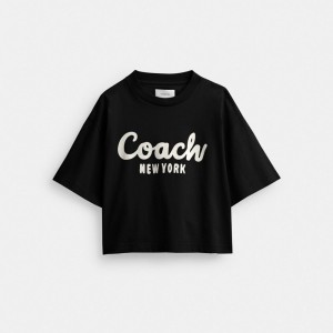 Coach Cursive Signature Cropped T Shirt 黒 | COH865996