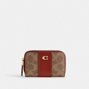 Coach Essential Small Zip Around Card Case In Signature Canvas ブラウン 赤 | COH865584