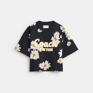 Coach Floral Cropped Signature Script T Shirt In Organic Cotton 黒 | COH865998