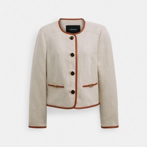 Coach Heritage C Canvas Cardigan Jacket With Leather Trim Weiß | COH865941