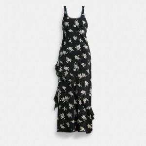 Coach Long Floral Ruffle Dress 黒 白 カラー | COH866064