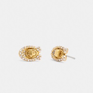 Coach Pavé Signature Turnlock Stud Earrings ゴールド | COH866219