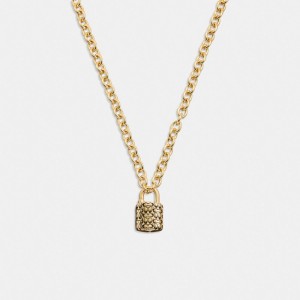 Coach Quilted Padlock Chain Necklace ゴールド 黒 | COH866183