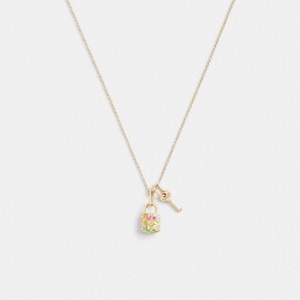 Coach Rainbow Quilted Padlock Key Pendant Necklace ゴールド カラー | COH866143