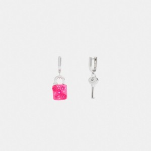 Coach Tea Rose Padlock And Key Mismatch Huggie Earrings シルバー ピンク | COH866215
