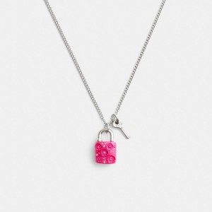 Coach Tea Rose Padlock And Key Pendant Necklace シルバー ピンク | COH866212