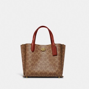 Coach Willow Tote Bag 24 In Signature Canvas ブラウン 赤 | COH865059