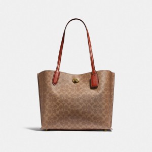 Coach Willow Tote Bag In Signature Canvas ブラウン 赤 | COH865061